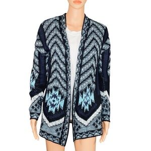 Pink Rose Chevron Open Front Cardigan Warm Cozy Knit Sweater Aztec Pattern SZ SM